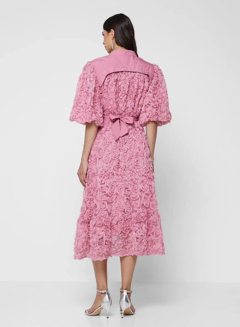 خزانة 3D Floral Shirt Dress With Puff Sleeves