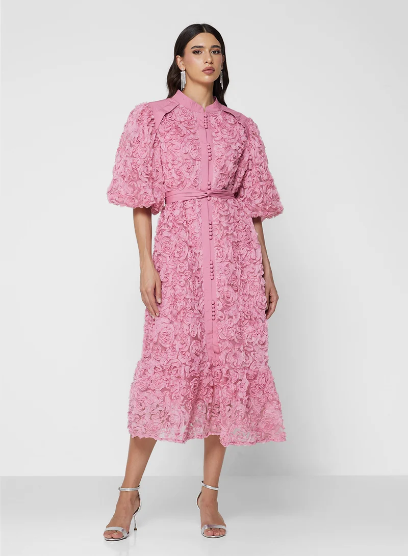 خزانة 3D Floral Shirt Dress With Puff Sleeves
