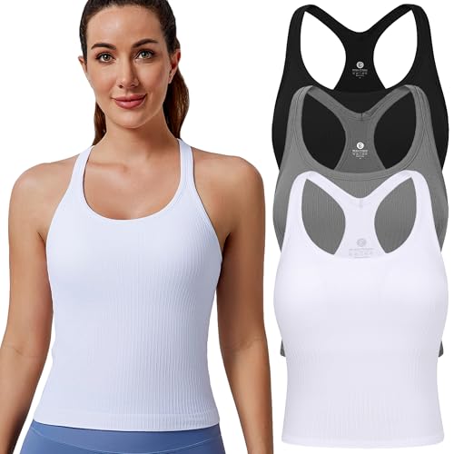 Evercute Women's 1/2/3 Pack Ribbed Workout Tank Tops with Built in Bra Racerback Seamless Crop Tank Tops Camisole Sport Tanks - Image 1