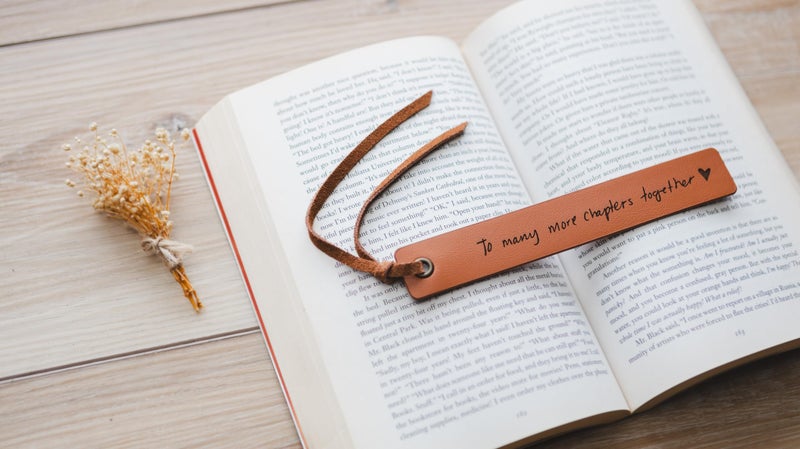 MUUJEE Engraved Leather Bookmark - to Many More Chapters Together, Book Club Reading Page Marker, Gift for Book Lover Nerd Bookworm Wife Girlfriend Fiance Third Year Wedding Anniversary Engagement - Image 5