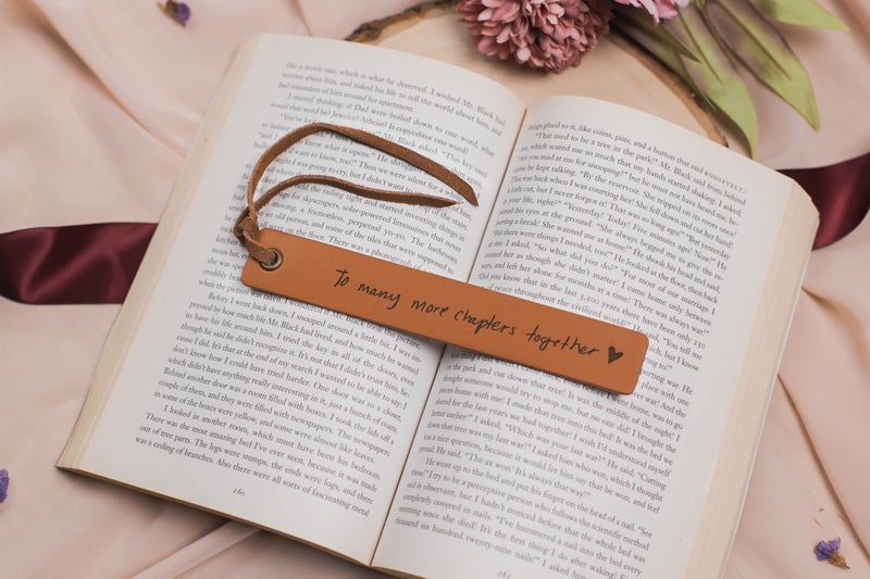 MUUJEE Engraved Leather Bookmark - to Many More Chapters Together, Book Club Reading Page Marker, Gift for Book Lover Nerd Bookworm Wife Girlfriend Fiance Third Year Wedding Anniversary Engagement - Image 2