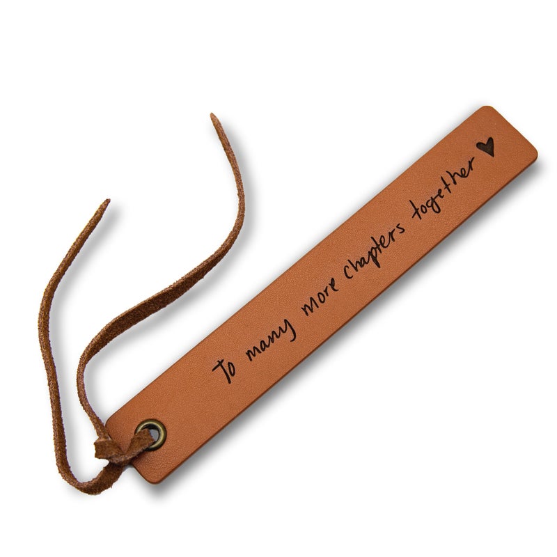 MUUJEE Engraved Leather Bookmark - to Many More Chapters Together, Book Club Reading Page Marker, Gift for Book Lover Nerd Bookworm Wife Girlfriend Fiance Third Year Wedding Anniversary Engagement - Image 1