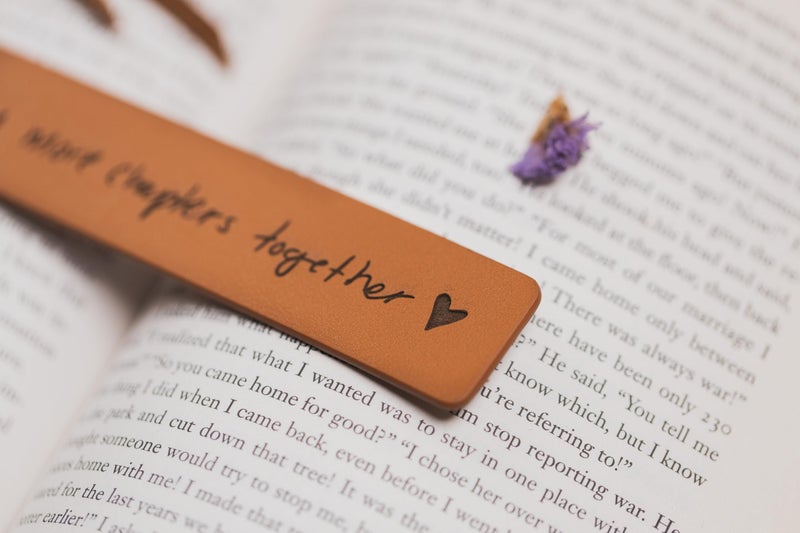 MUUJEE Engraved Leather Bookmark - to Many More Chapters Together, Book Club Reading Page Marker, Gift for Book Lover Nerd Bookworm Wife Girlfriend Fiance Third Year Wedding Anniversary Engagement - Image 3