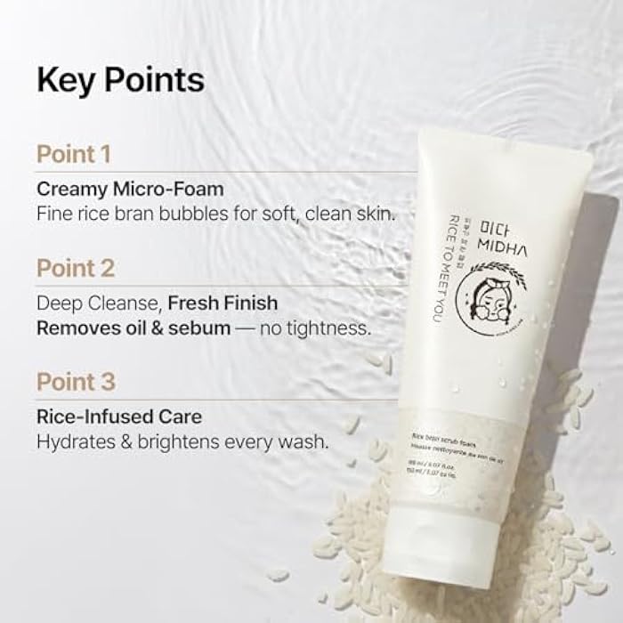 MIDHA RICE BRAN SCRUB FOAM 5.07fl.oz/150ml, Deep Cleansing, Pore-Purifying, Gentle Exfoliating – Soft Micro-Foam Face Wash with Balanced pH & Hydrating, Nourishing Care - Image 5