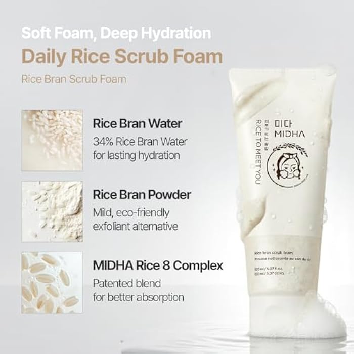 MIDHA RICE BRAN SCRUB FOAM 5.07fl.oz/150ml, Deep Cleansing, Pore-Purifying, Gentle Exfoliating – Soft Micro-Foam Face Wash with Balanced pH & Hydrating, Nourishing Care - Image 3