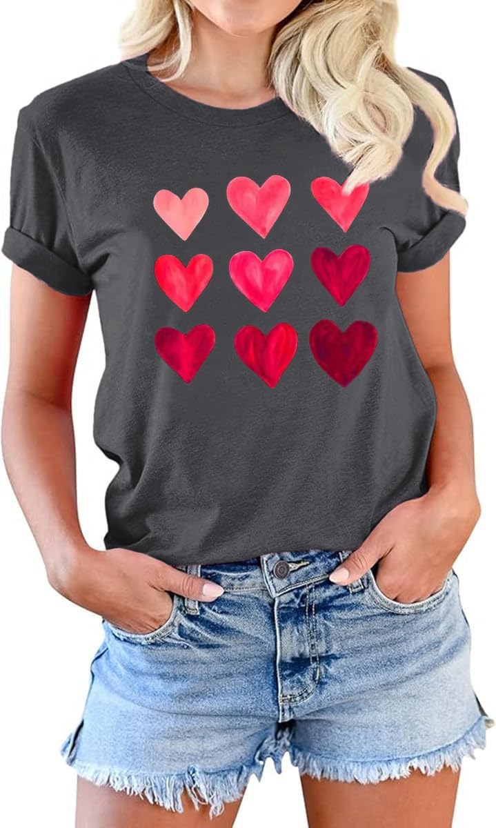 Beopjesk Womens Valentine's Day Graphic Tees Short Sleeve Heart Printed Shirts Blouse Tops (XL, 2022-Black) - Image 1