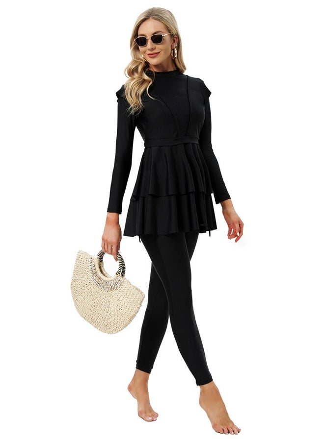 JiuAn Stylish Three-Piece Muslim Swimsuit with Chest Pad - BLACK  - Image 2