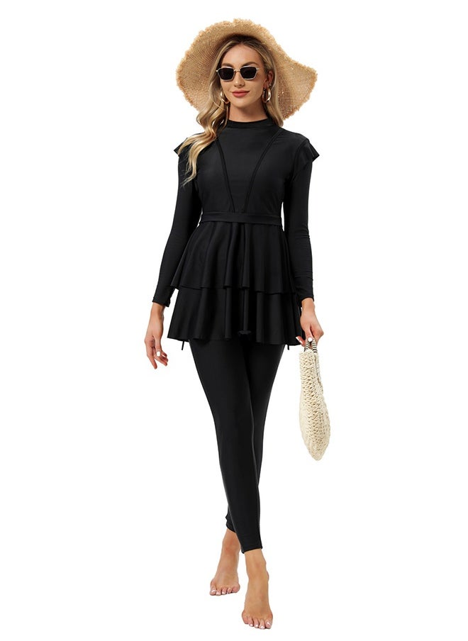 JiuAn Stylish Three-Piece Muslim Swimsuit with Chest Pad - BLACK  - Image 5