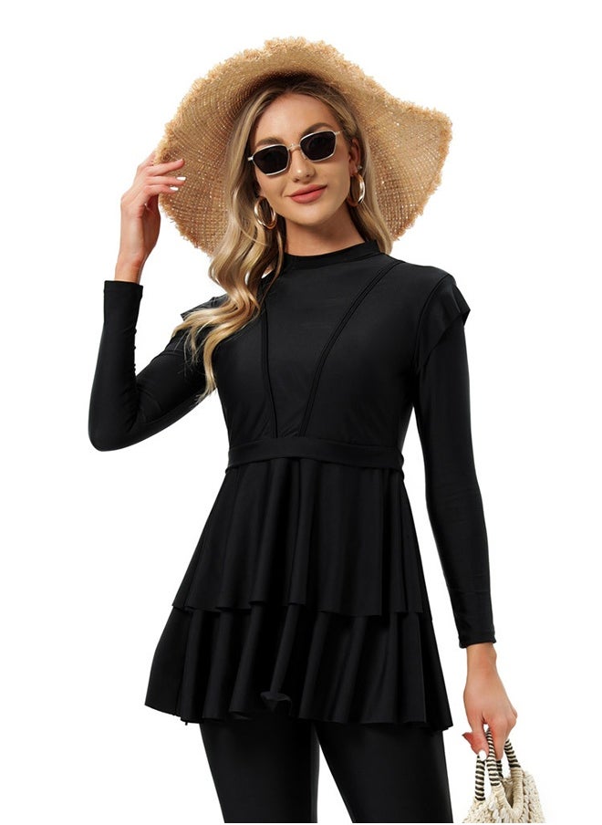 JiuAn Stylish Three-Piece Muslim Swimsuit with Chest Pad - BLACK  - Image 4