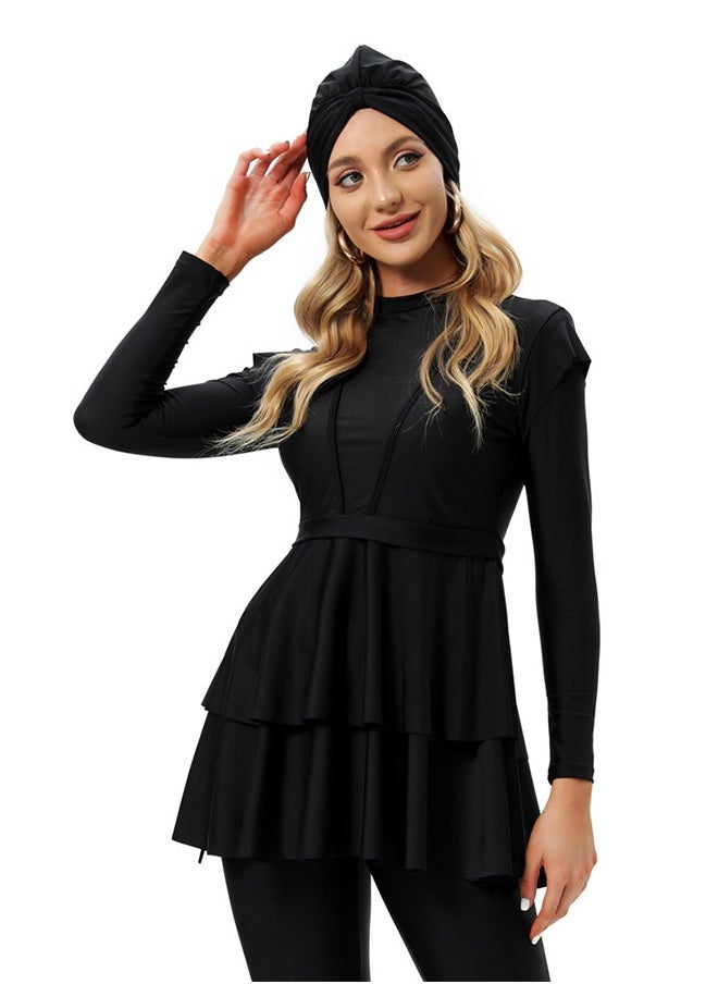 JiuAn Stylish Three-Piece Muslim Swimsuit with Chest Pad - BLACK  - Image 1