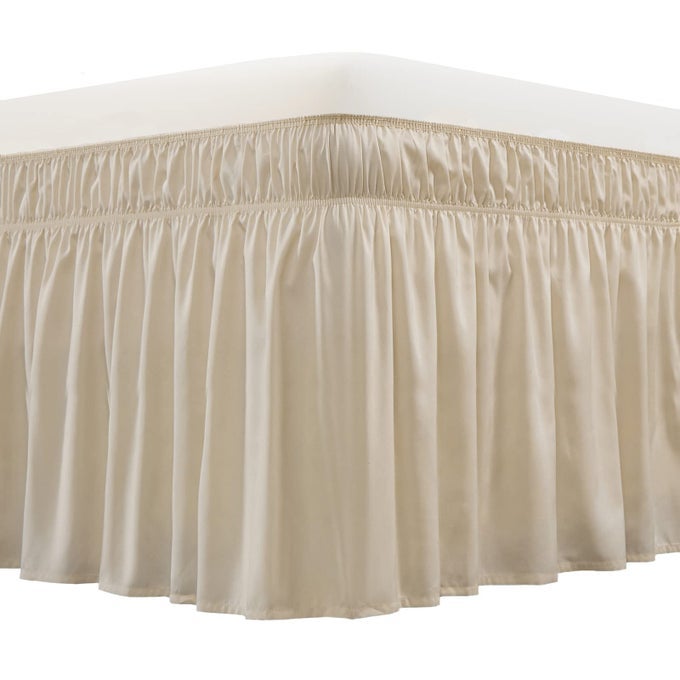 WRAP AROUND BED SKIRT THREE FABRIC SIDES ELASTIC DUST RUFFLED 18 INCH TAILORED DROPEASY TO INSTALL FADE RESISTANTBEIGE QUEENKING