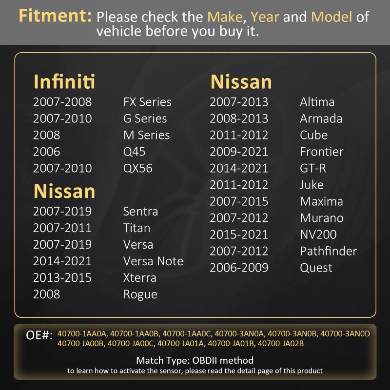 Marsflex TPMS Sensor Compatible for Nissan Infiniti Programmed Tire Pressure Monitoring System Replaces# 40700-1AA0B 40700-3AN0A, 40700-3AN0B, 40700-3AN0D, 40700-JA00C, 40700-JA01B, 40700-JA02B 315MHZ - Image 2