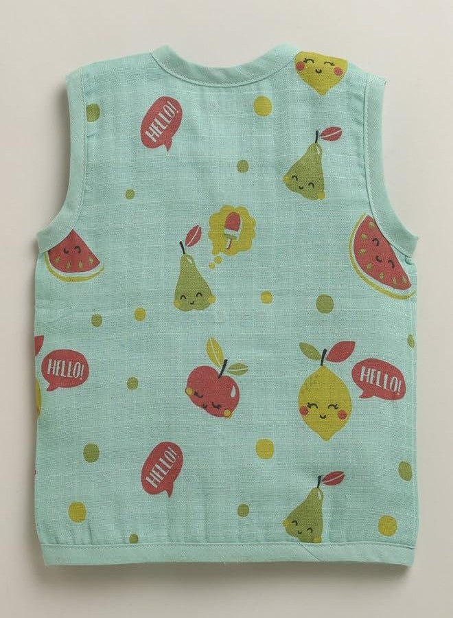 BUMZEE Girls Cotton Muslin Sleeveless Graphic Print Front Open Jabla & Short Set Green - 18-24 Months (Peb11539F-grn) - Image 3