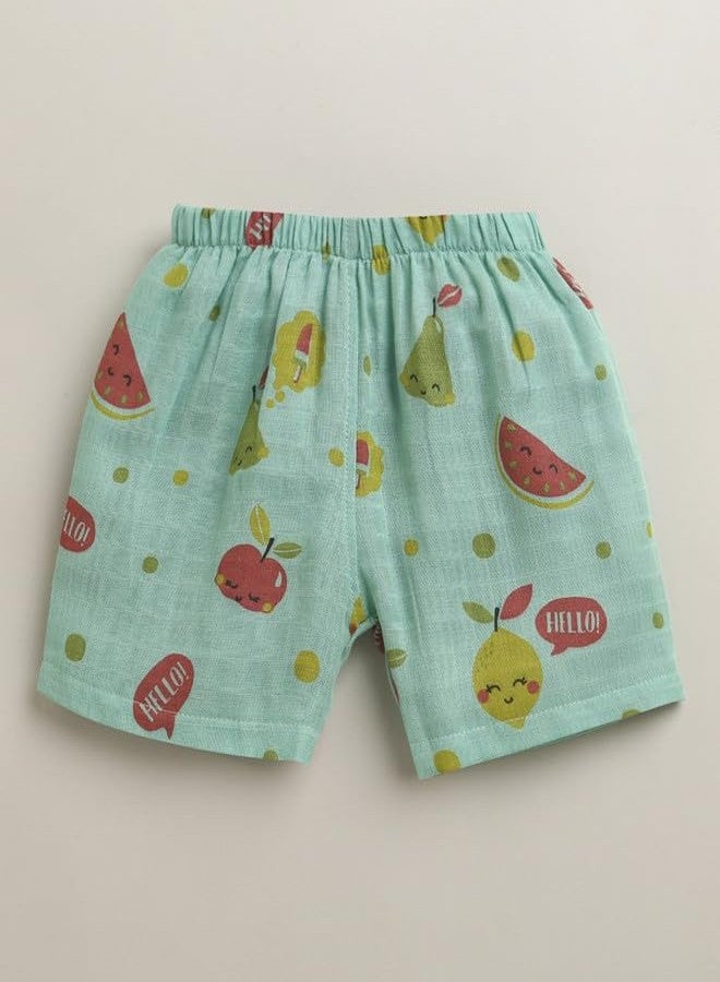 BUMZEE Girls Cotton Muslin Sleeveless Graphic Print Front Open Jabla & Short Set Green - 18-24 Months (Peb11539F-grn) - Image 4