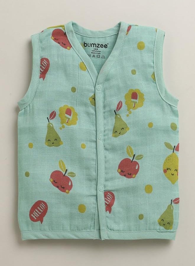 BUMZEE Girls Cotton Muslin Sleeveless Graphic Print Front Open Jabla & Short Set Green - 18-24 Months (Peb11539F-grn) - Image 2