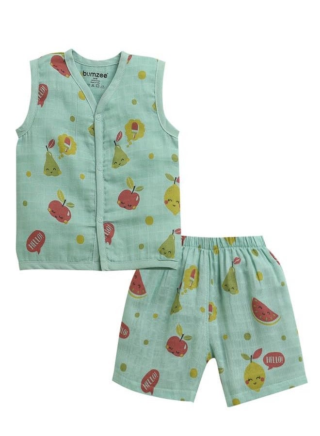 BUMZEE Girls Cotton Muslin Sleeveless Graphic Print Front Open Jabla & Short Set Green - 18-24 Months (Peb11539F-grn) - Image 1