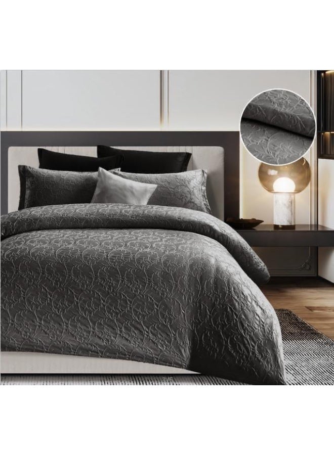 King Size 6-Piece Dark Grey Embroidered Jacquard Cotton Comforter Set