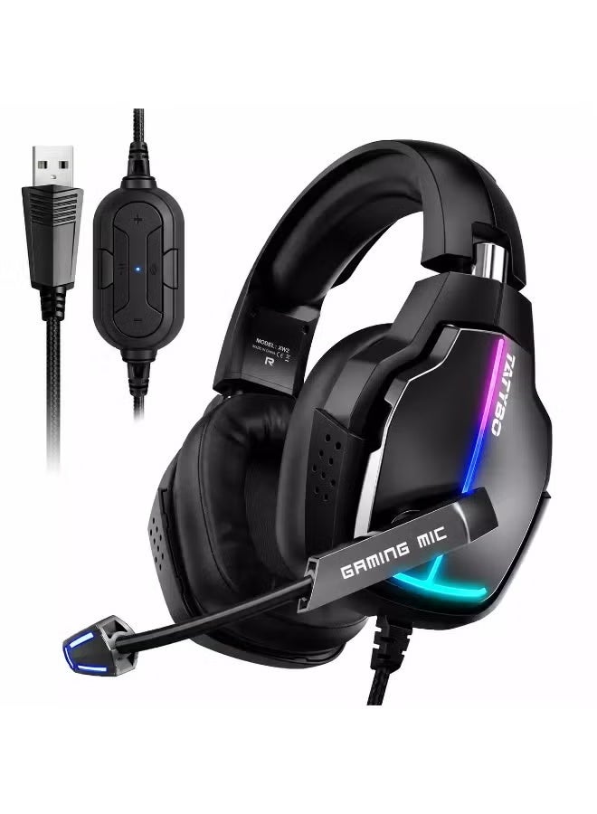 سماعة الألعاب Tatybo XW2 7.1 RGB - سماعات رأس سلكية USB بصوت محيطي مع ميكروفون مانع للضوضاء لأجهزة الكمبيوتر الشخصية و PS5 و PS4 - Image 1