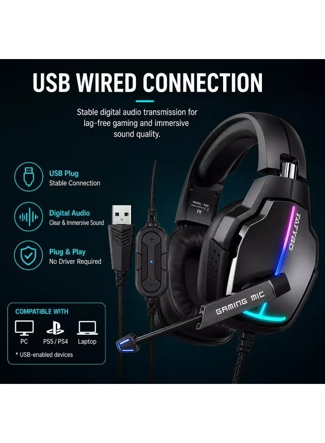 سماعة الألعاب Tatybo XW2 7.1 RGB - سماعات رأس سلكية USB بصوت محيطي مع ميكروفون مانع للضوضاء لأجهزة الكمبيوتر الشخصية و PS5 و PS4 - Image 3