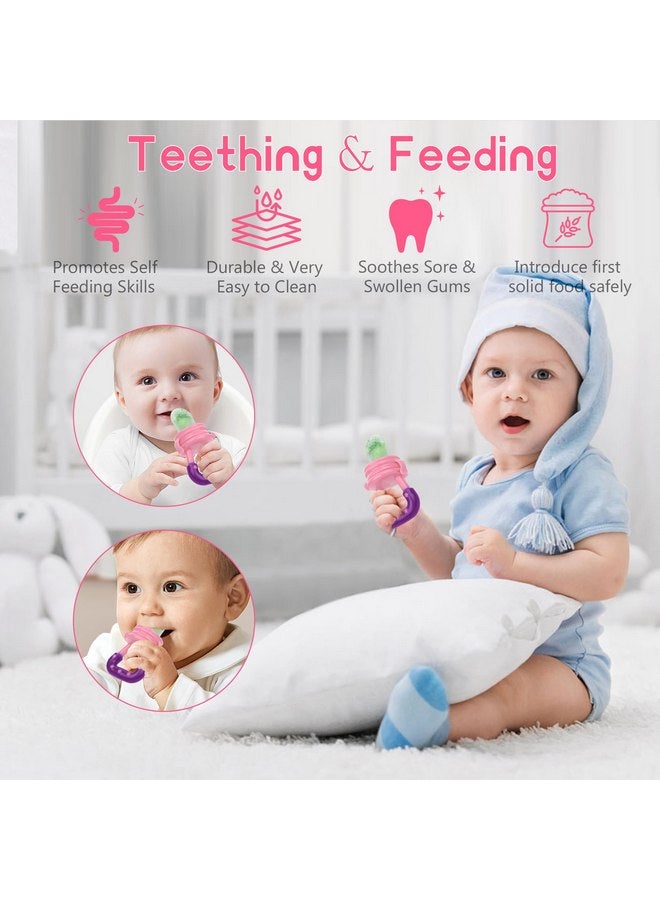 WAJIAYON Baby Fruit Feeder Pacifier - 5 Pack | 2 Baby Fruit Food Feeder Pacifier & 1 Baby Food Dispensing Spoon | Fresh Fruit Teethers for Babies | Silicone Feeder Baby,Mesh Baby Feeder (Pink & Pink) - Image 4