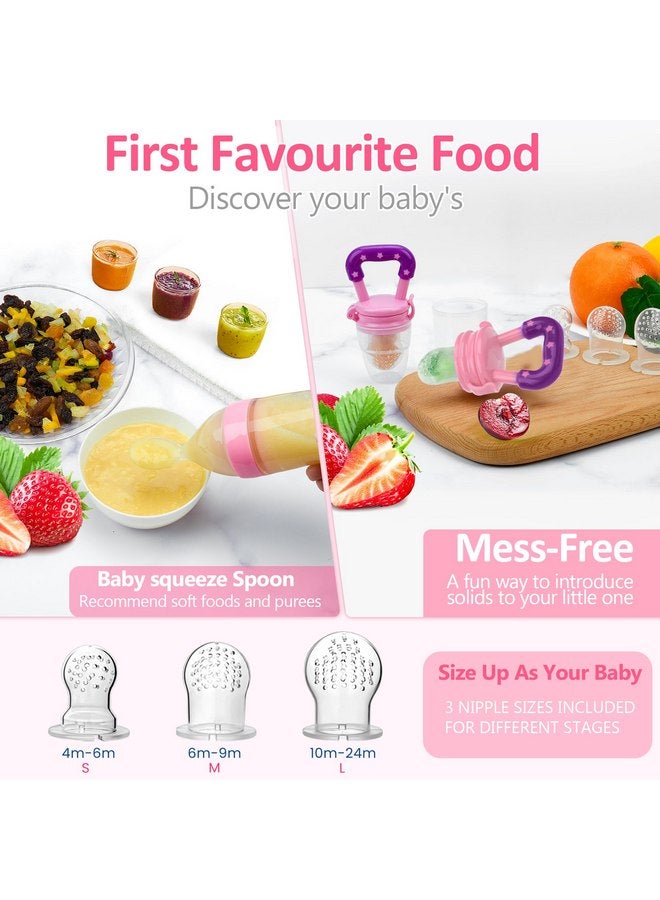 WAJIAYON Baby Fruit Feeder Pacifier - 5 Pack | 2 Baby Fruit Food Feeder Pacifier & 1 Baby Food Dispensing Spoon | Fresh Fruit Teethers for Babies | Silicone Feeder Baby,Mesh Baby Feeder (Pink & Pink) - Image 2