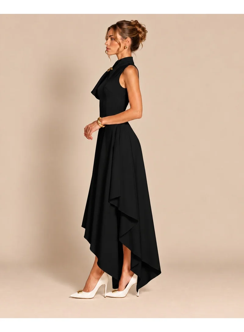 2Trendy Women's Black Asymmetric Midi Dress with High Neck and Draped Shoulder Detail