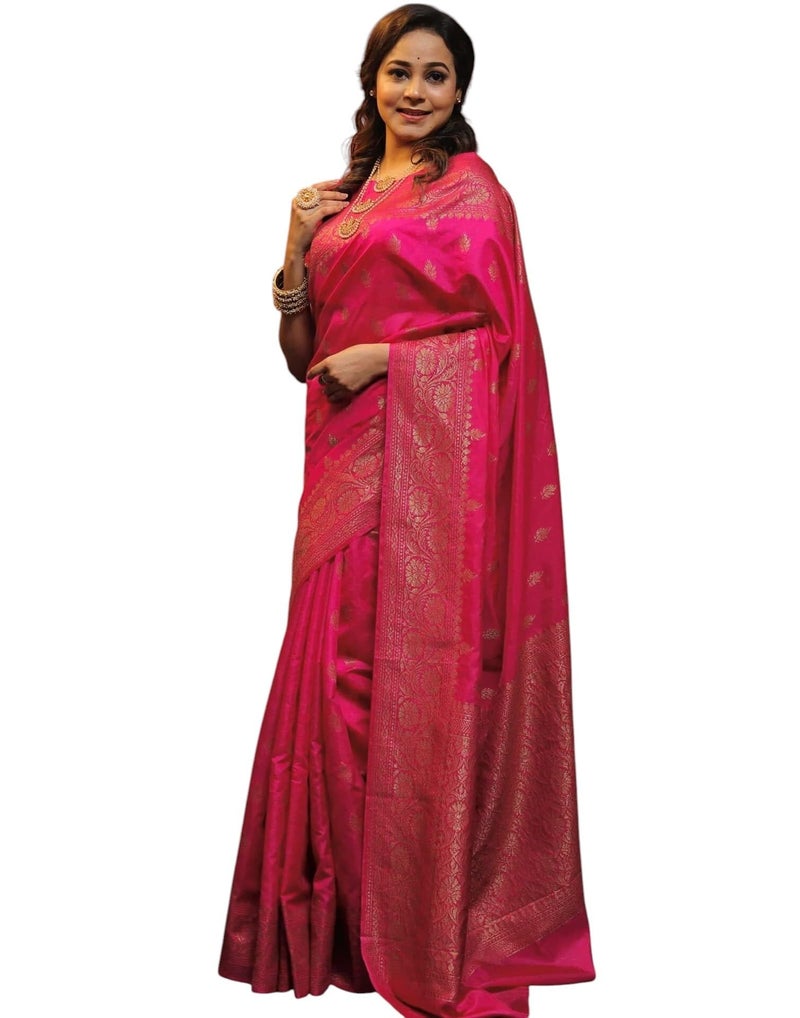 Shiv Textiles Women's Kanjivaram Art Silk Saree Soft Banarasi Style Sari With Blouse Piece For Wedding(S-101-RANI) - Image 1