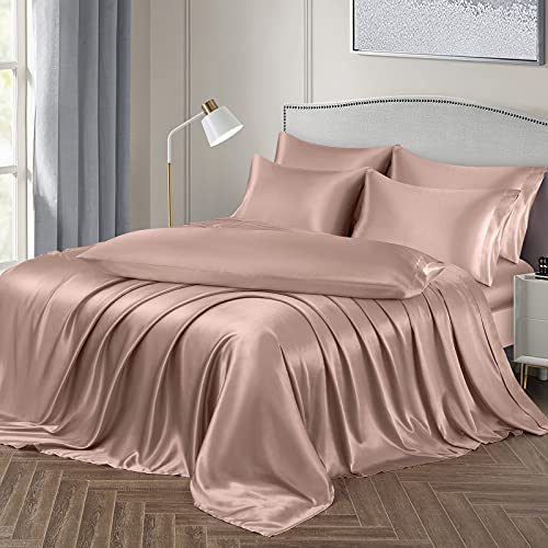 Ersmak 7 Pieces Satin Sheets Set Queen Size, Luxury Silky Champagne Satin Bed Sheets Set with 1 Deep Pocket Fitted Sheet, 1 Soft Flat Sheet, 4 Queen Pillowcases and 1 Body Pillowcase - Image 2