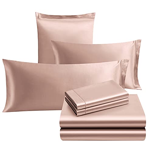 Ersmak 7 Pieces Satin Sheets Set Queen Size, Luxury Silky Champagne Satin Bed Sheets Set with 1 Deep Pocket Fitted Sheet, 1 Soft Flat Sheet, 4 Queen Pillowcases and 1 Body Pillowcase - Image 3