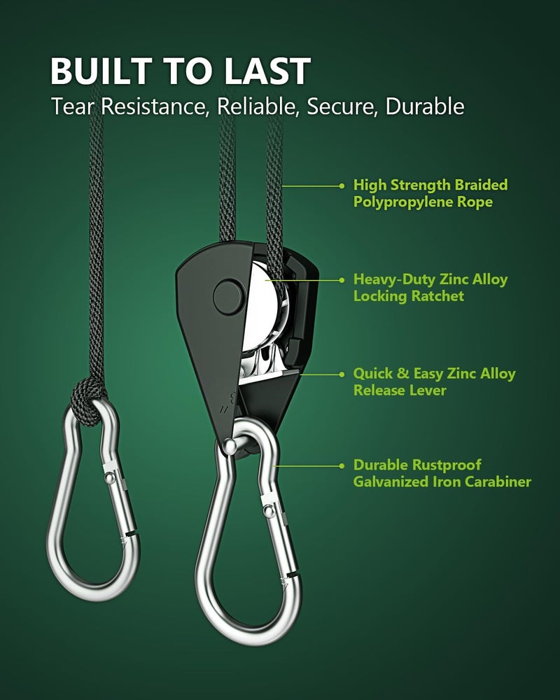 MAKABEE 2-Pack 1/8” Adjustable Rope Hanger, Heavy Duty Ratchet Tie Down Strap with Reinforced Metal Gear, Ratcheting Pulley System Bungee Cord for Hanging Plants Grow Light and Various Tie-Down Uses - Image 3