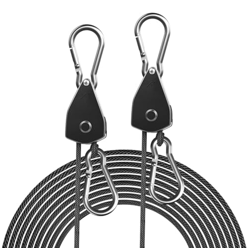 MAKABEE 2-Pack 1/8” Adjustable Rope Hanger, Heavy Duty Ratchet Tie Down Strap with Reinforced Metal Gear, Ratcheting Pulley System Bungee Cord for Hanging Plants Grow Light and Various Tie-Down Uses - Image 1