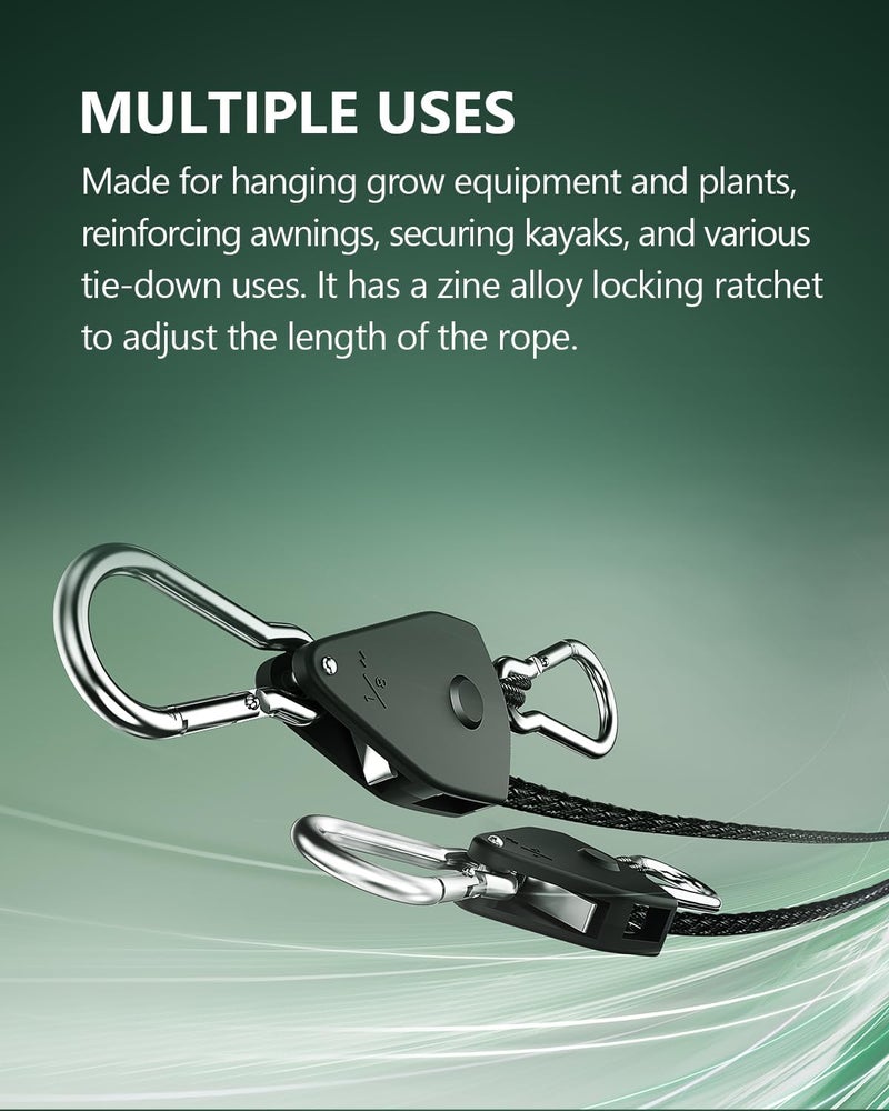 MAKABEE 2-Pack 1/8” Adjustable Rope Hanger, Heavy Duty Ratchet Tie Down Strap with Reinforced Metal Gear, Ratcheting Pulley System Bungee Cord for Hanging Plants Grow Light and Various Tie-Down Uses - Image 2