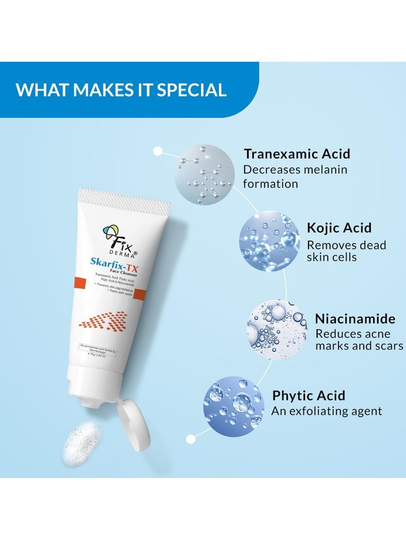 FIXDERMA Skarfix -TX Face Cleanser with Tranexamic Acid, Kojic Acid & Niacinamide | Kojic Acid Face Wash | Pigmentation Face Wash for All Skin Types | Face Wash for Women | Face Wash Men - 75gm - Image 3
