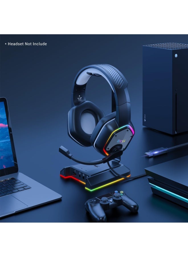 إكسا حامل سماعات الرأس W1 RGB، مع صوت محيطي 7.1 ومنفذ USB/3.5 ملم، مع قضيب من سبائك الألومنيوم ووسادة مطاطية مانعة للانزلاق وبرنامج تشغيل. - Image 3