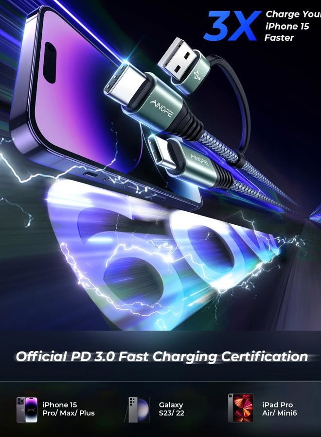 Ainope كابل USB C بطول 10 أقدام شاحن سريع 4 في 1 لهواتف سامسونج وآيفون 16 15، كابلات شحن 60 واط كابل نوع C لشاحن آيباد ملحقات شحن سريع كابل USB إلى USB C لآيباد برو ماك بوك رمادي - Image 3