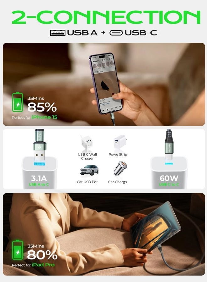 Ainope كابل USB C بطول 10 أقدام شاحن سريع 4 في 1 لهواتف سامسونج وآيفون 16 15، كابلات شحن 60 واط كابل نوع C لشاحن آيباد ملحقات شحن سريع كابل USB إلى USB C لآيباد برو ماك بوك رمادي - Image 4