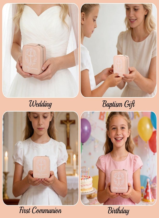 Hlimior Holy Communion Travel Jewelry Box, First Communion Gifts Jewelry Case for Women, Religious 1st Holy Communion Baptism Gift Small Square Container with Zipper for Rings Earrings Necklaces, Pink (1) - Image 5