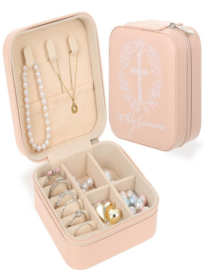 Hlimior Holy Communion Travel Jewelry Box, First Communion Gifts Jewelry Case for Women, Religious 1st Holy Communion Baptism Gift Small Square Container with Zipper for Rings Earrings Necklaces, Pink (1) - Image 1