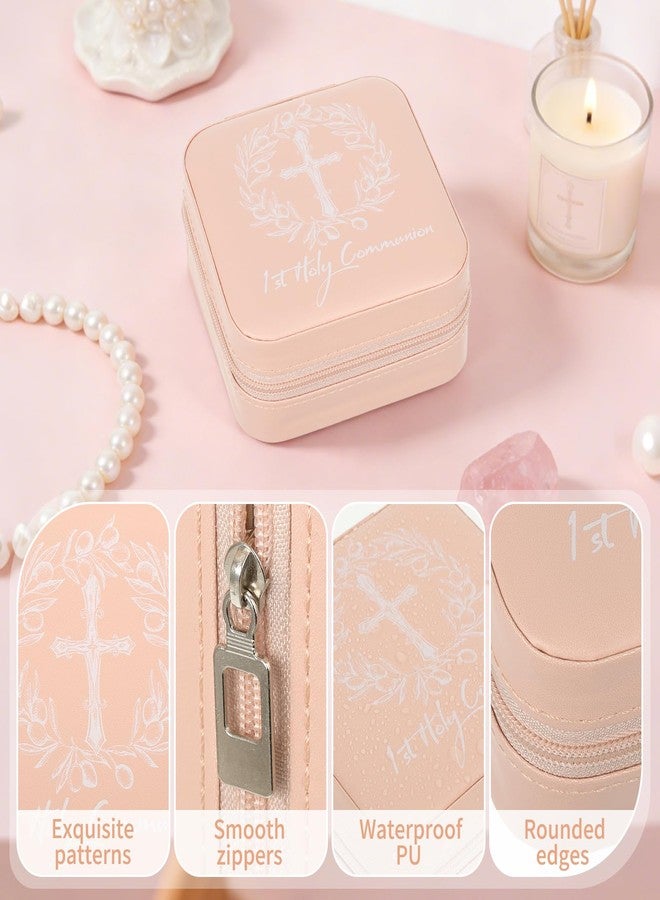 Hlimior Holy Communion Travel Jewelry Box, First Communion Gifts Jewelry Case for Women, Religious 1st Holy Communion Baptism Gift Small Square Container with Zipper for Rings Earrings Necklaces, Pink (1) - Image 3