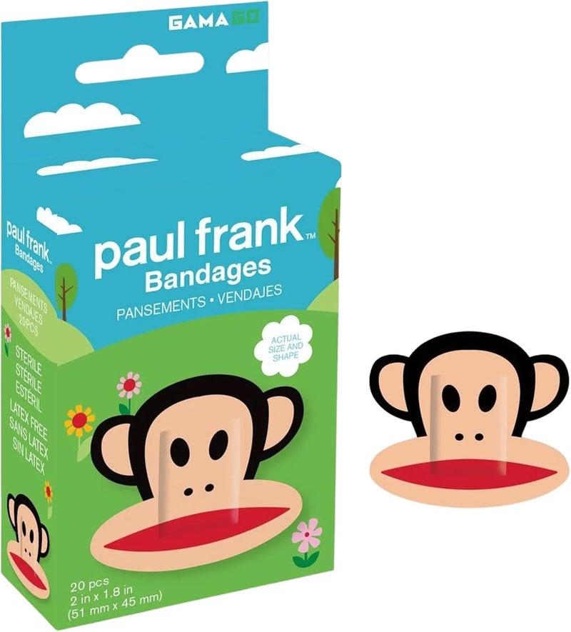 GAMAGO Paul Frank Julius Shaped Bandages Kids & Kidults - Set of 20 Individually Wrapped Self Adhesive Bandages - Sterile, Latex-Free & Easily Removable - Funny Gift & First Aid Addition