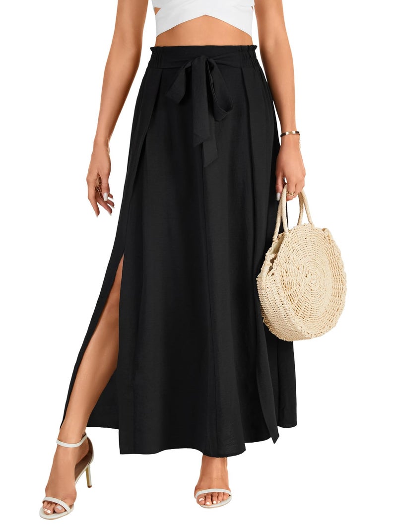LYANER Women's Tie Knot Front Side Split A line High Waist Flowy Boho Long Skirt Black Small - Image 2