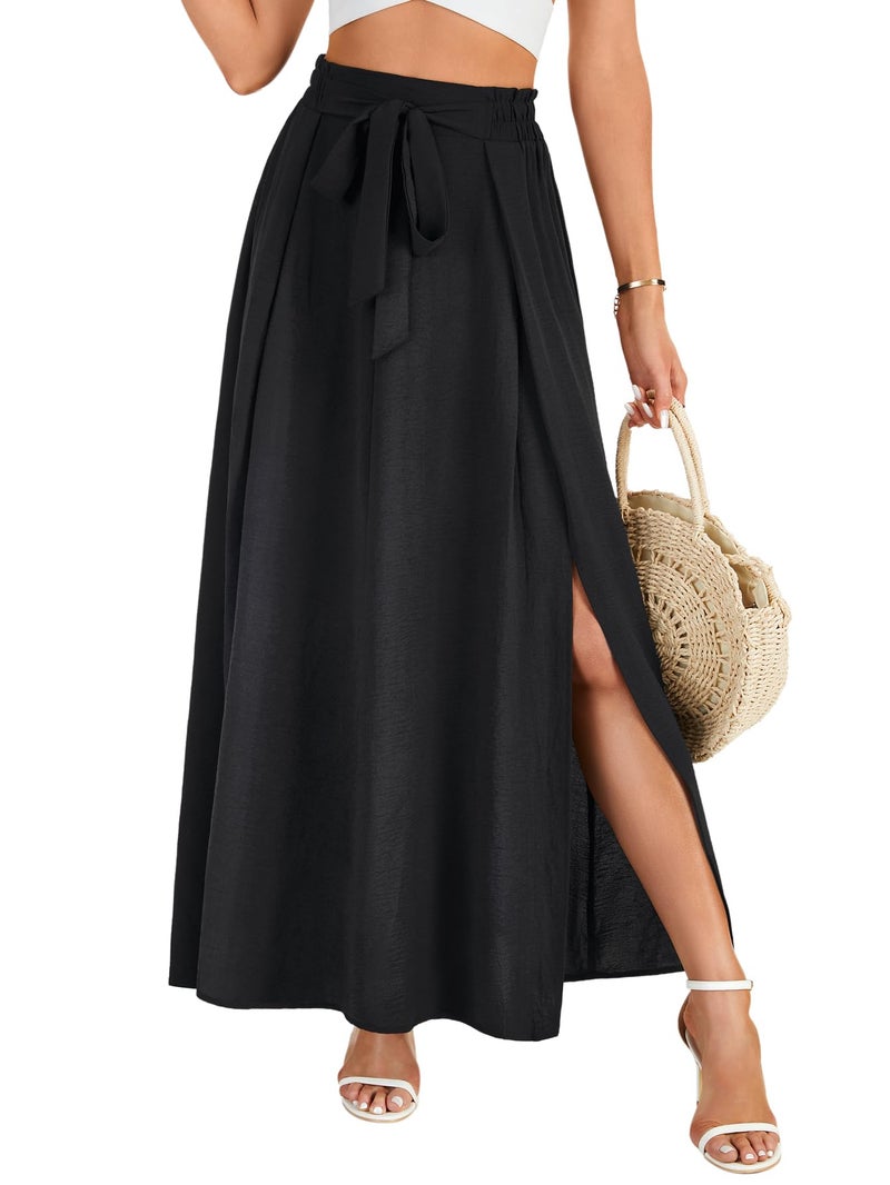 LYANER Women's Tie Knot Front Side Split A line High Waist Flowy Boho Long Skirt Black Small - Image 1