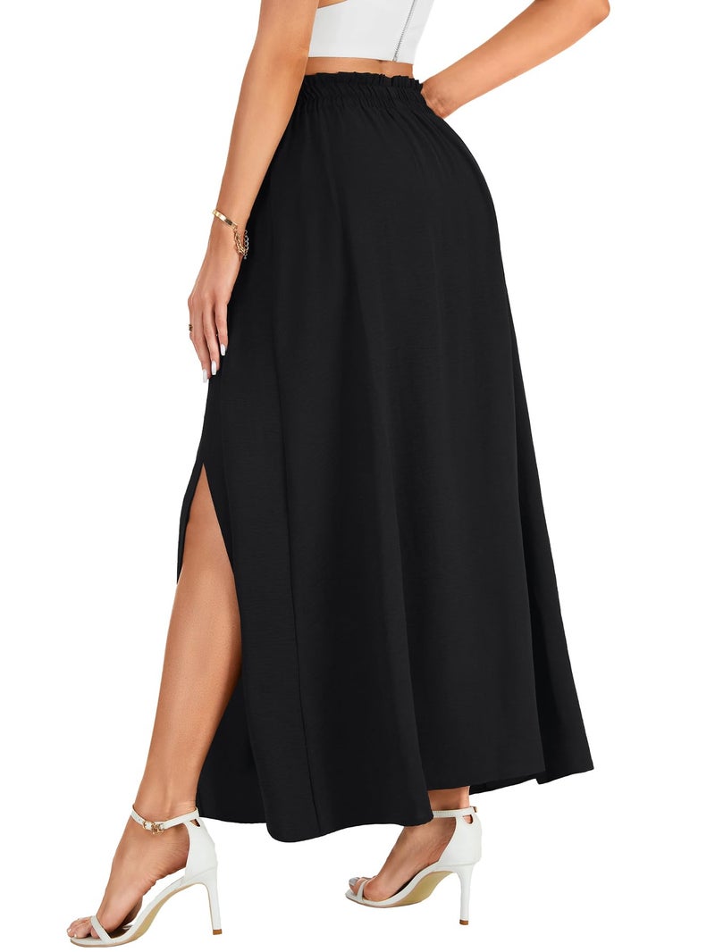 LYANER Women's Tie Knot Front Side Split A line High Waist Flowy Boho Long Skirt Black Small - Image 5