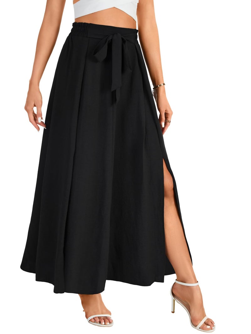 LYANER Women's Tie Knot Front Side Split A line High Waist Flowy Boho Long Skirt Black Small - Image 4