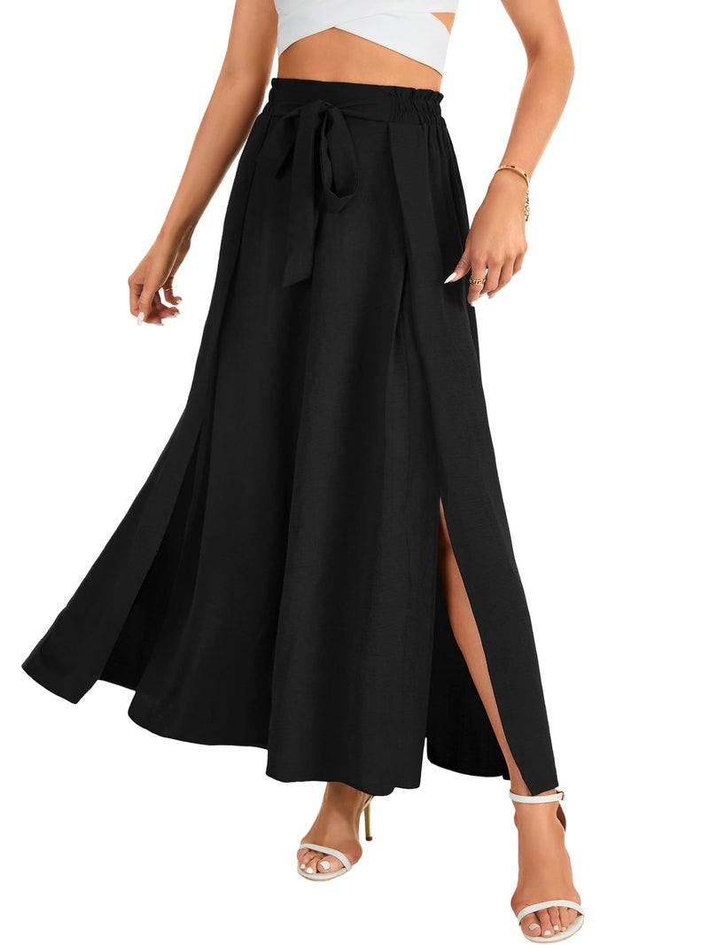 LYANER Women's Tie Knot Front Side Split A line High Waist Flowy Boho Long Skirt Black Small - Image 3