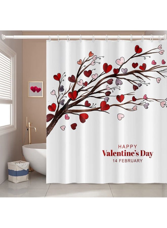 Umpoo Happy Valentine's Day Shower Curtain for Bathroom Romantic Red Love Heart Trees Branches February 14 Shower Curtain with Hooks Decorative Waterproof, 60x72 Inch - Image 1