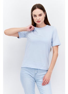 ESPRIT Women Crew Neck Short Sleeve Plain T-Shirt, Blue  - Image 1