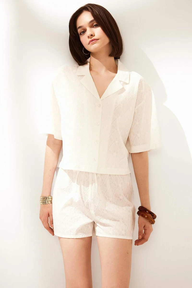 ديفاكتو Oversize Fit Pyjamas Collar Embroidered Brode Shirt
