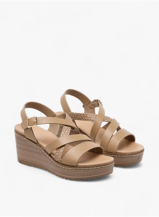 سيليست Women's Logo Print Cross Strap Sandals with Wedge Heel