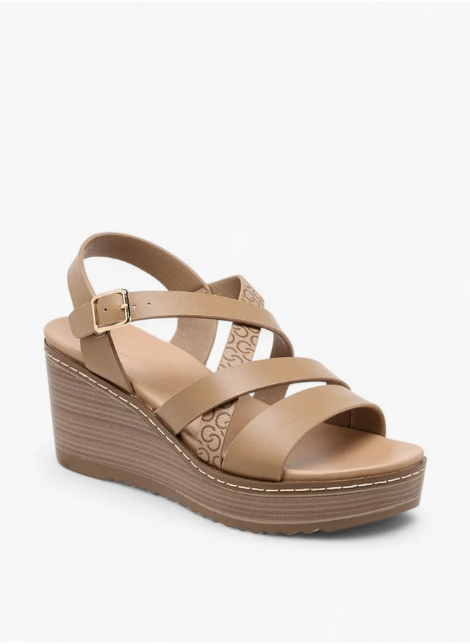 سيليست Women's Logo Print Cross Strap Sandals with Wedge Heel